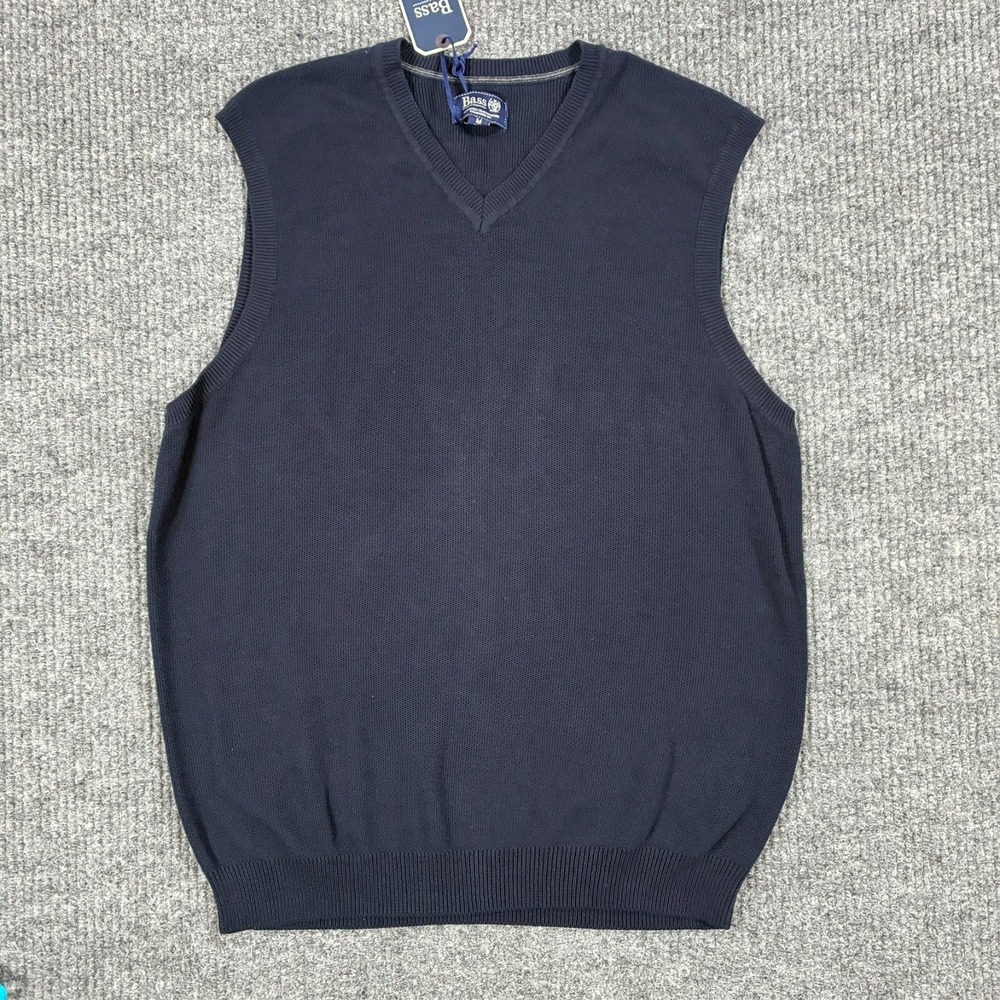 Bass Sweater Vest Mens Size Medium Blue Knit V-Neck Pullover 100% Cotton